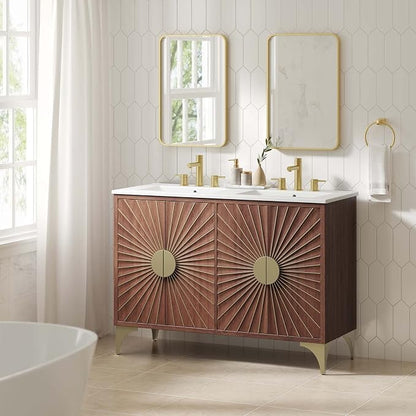 Modway Daylight Bathroom Vanity Cabinet with Ceramic Basin, 48" Double Sink, White Walnut