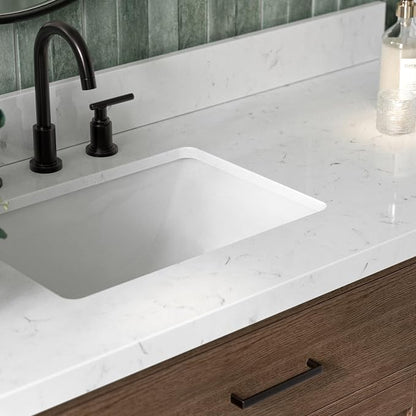 ARIEL Hepburn 60-inch Bathroom Vanity with Sink,Solid Wood, 1.5-inch Carrara White Quartz Countertop, Single Rectangular Porcelain Sink, 2 Soft Closing Doors, 9 Dovetail Drawers, Brown Oak