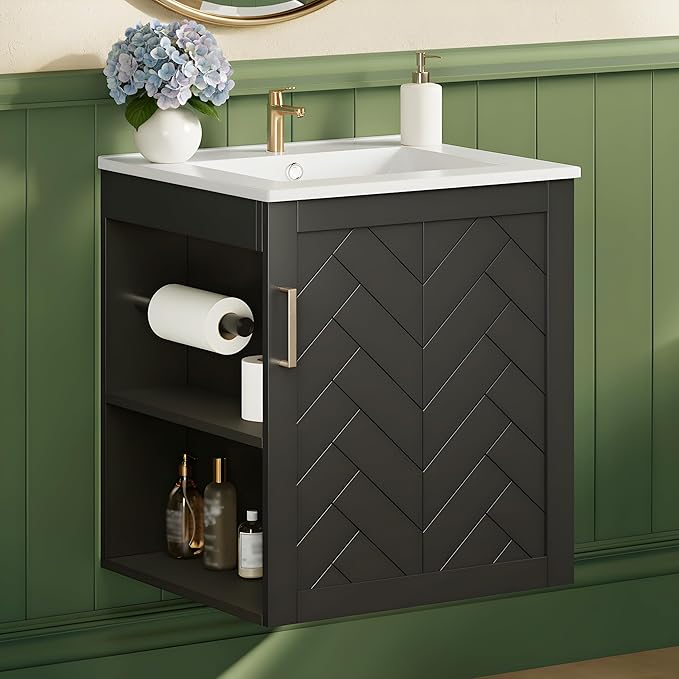 Merax Herringbone Single Sink Bathroom Vanity, Floating 20" Modern Bathroom Vanity Cabinet with Side Storage, Toilet Paper Holder, Solid Wood Cleat Wall Mount