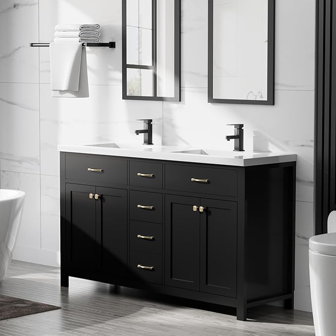 LUCKWIND 60" Bathroom Vanity and Sink Combo, Painted Modern Bathroom Storage Cabinet with Double Sink, Four Doors and Three Drawers, Include Faucet, Without Mirror, Black