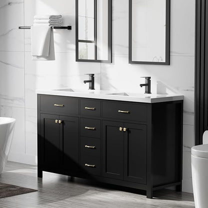LUCKWIND 60" Bathroom Vanity and Sink Combo, Painted Modern Bathroom Storage Cabinet with Double Sink, Four Doors and Three Drawers, Include Faucet, Without Mirror, Black