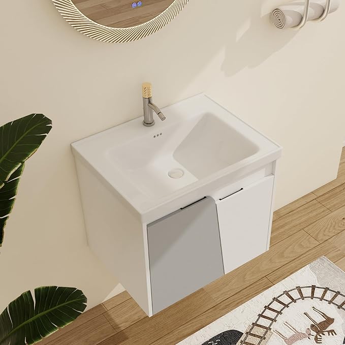 Malwee 24 Inch Floating Bathroom Vanity with Sink, 24'' Single Sink Wall Mounted Bathroom Vanity, with 2 Doors and White Ceramic Basin Top, Wall Hung Storage Cabinet Set (077-24)