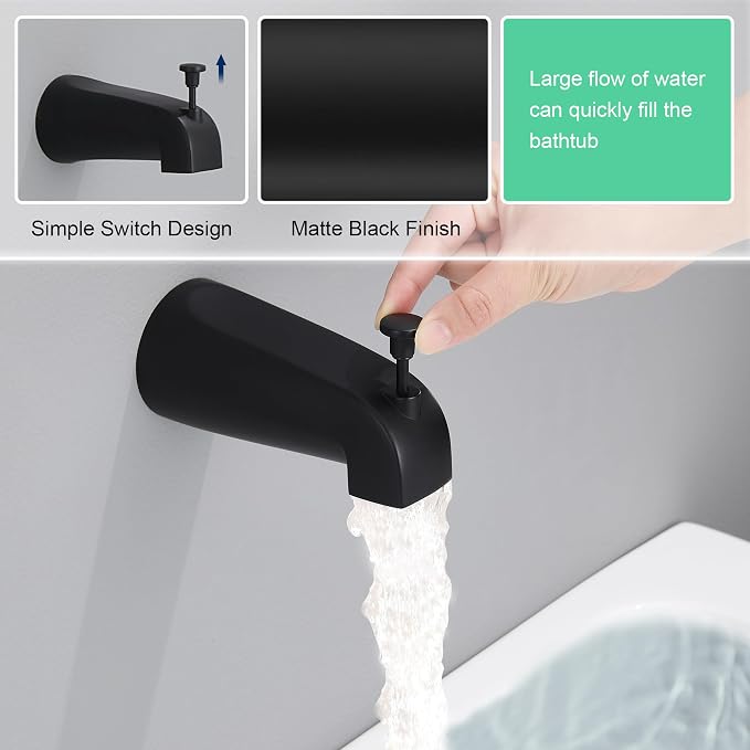 Tub Spout with Diverter, Slip On Bathtub Spout Fits 1/2'' Copper Tube(5/8'' Dia), Bathroom Tub Faucet with PTFE Tape & Hex Wrench, Matte Black