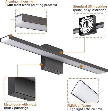 JUSHENG Black Bathroom Vanity Light Fixtures 24 Inch Modern LED Vanity Lighting Bathroom Lights Over Mirror Wall Sconce 24W 6000K Cool White