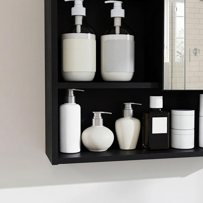 Panana Bathroom Medicine Cabinet with Mirror, Wall Mounted Single Mirror Door Storage Cabinet with 3 Open Compartments, Adjustable Height Shelf, 21.9x5.1x23.6 inch (Black)