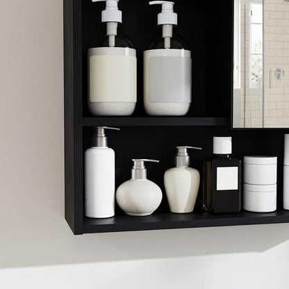 Panana Bathroom Medicine Cabinet with Mirror, Wall Mounted Single Mirror Door Storage Cabinet with 3 Open Compartments, Adjustable Height Shelf, 21.9x5.1x23.6 inch (Black)