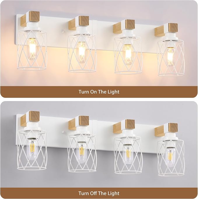 Farmhouse 4-Light Wood Bathroom Vanity Light, White Metal Cage Shade