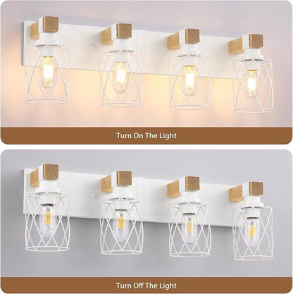 Farmhouse 4-Light Wood Bathroom Vanity Light, White Metal Cage Shade
