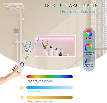 White Stainless Steel Shower Niche 18x12Inch, Dimmable RGB Led Light Wall Niche, No Tile Needed Recessed for Bathroom Storage Built-in Installation