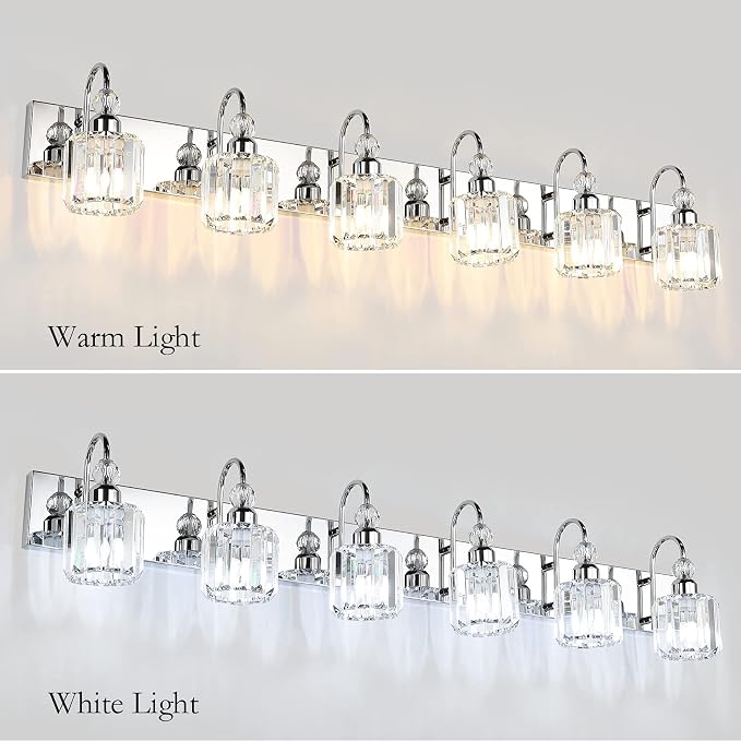 Ralbay 6-Lights Stainless Steel Crystal Bathroom Vanity Lights Over Long Mirror Modern Crystal Vanity Lighting Fixtures for Bathroom
