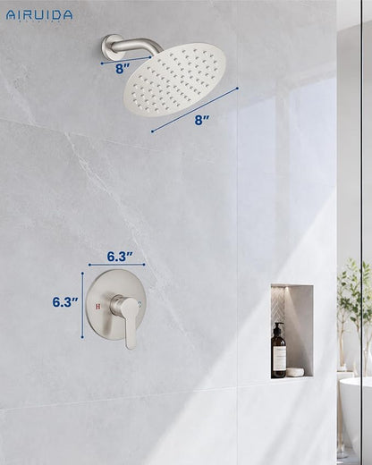 Airuida 8 Inch Brushed Nickel Shower Faucet Set,Shower Valve Kit | Female Threads Rough-in Valve Shower Trim Kit,Single Handle Control Shower Set