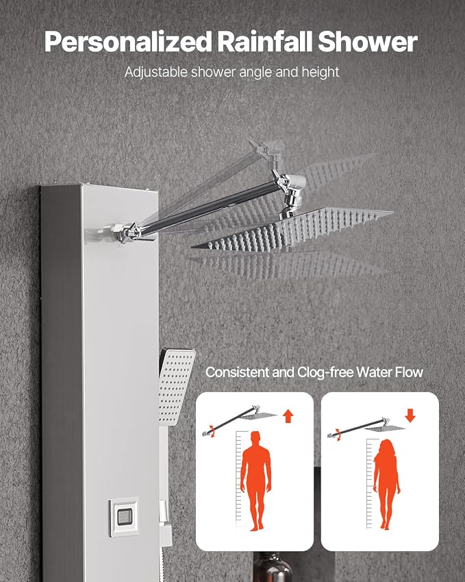 VEVOR Shower Panel Tower System with Rainfall Shower Head, LED, 49 in Brushed Stainless Steel Shower Column, 4-Function Faucet, Wall-Mount Rain Massage System with 6 Body Jets, Handheld, and Tub Spout