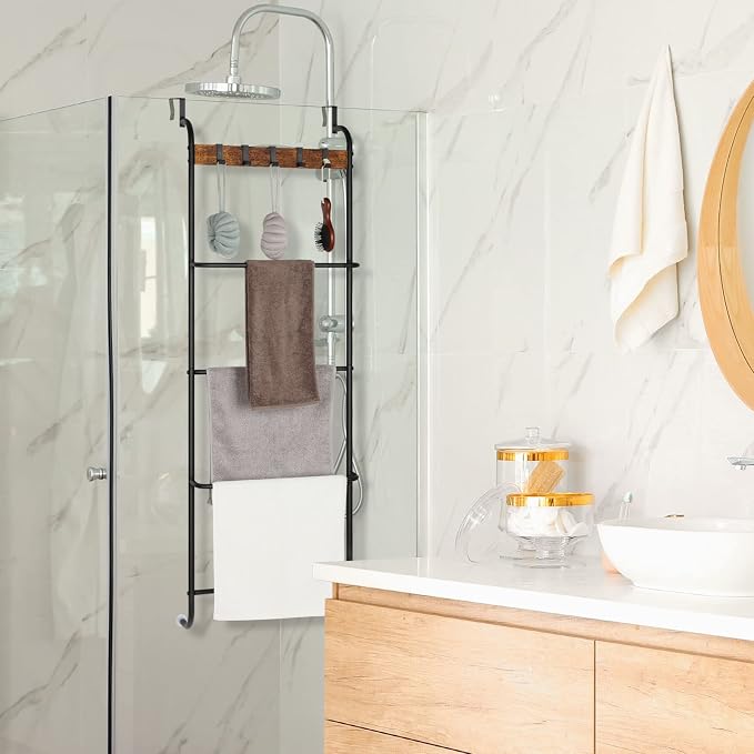 Over the Door Towel Rack Over The Door Towel Bar for Bathroom | Back of Door Towel Rack, 5 Tier Over The Door Towel Bar with Hooks, Black Door Rack Hanger, Stable Suction Cup Design