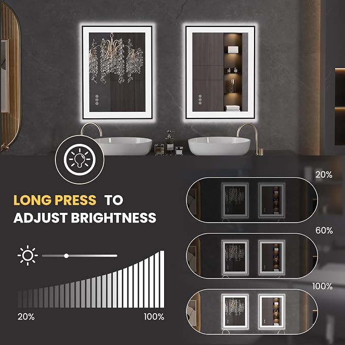 LOAAO 24"X32" LED Bathroom Mirror Black Framed | Anti-Fog, Dimmable, Memory Function, Tempered Glass, Lighted Vanity Mirror for Wall