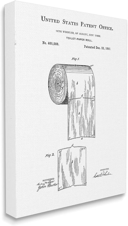Stupell Industries 'Toilet Paper Roll Vintage Patent Minimal'| Canvas Art | Stupell Industries | 24 x 30 Inches, Easy to Hang and Sturdy, Made in USA, by Studio W