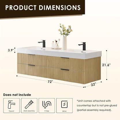 72 Inch Floating Sink Bathroom Vanity Wall Mount Double Vanities with Top | Pre-Assembled, Sturdy Solid Wood, Modern Vanity, Ceramic Sink, Large Storage Cabinet, Soft Closing Doors, Dovetail Drawers