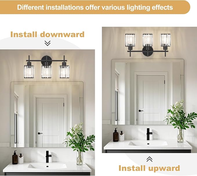 Black Bathroom Light Fixtures, Square, 3-Light | Vanity Lights with Crystal Shades, Modern Bathroom Lighting Fixtures over Mirror (Bulbs Not Included, E26)