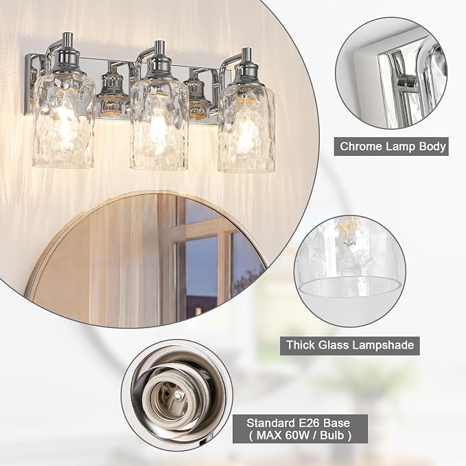 Bathroom Light Fixtures Over Mirror, 3 Lights Vanity Lights with Hammered Glass Shade, 17.8" Chrome Farmhouse Bathroom Light Fixtures for Bedroom, Porch, Hotel, Mirror Cabinet
