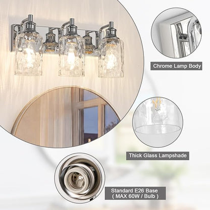 Bathroom Light Fixtures Over Mirror, 3 Lights Vanity Lights with Hammered Glass Shade, 17.8" Chrome Farmhouse Bathroom Light Fixtures for Bedroom, Porch, Hotel, Mirror Cabinet