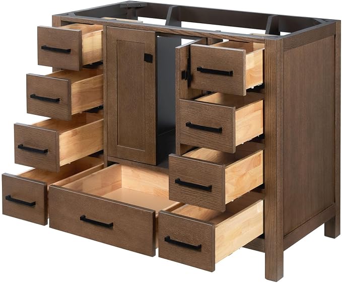 ARIEL Cambridge 42-inch Bathroom Vanity Base Cabinet,Solid Wood, 2 Soft Closing Doors, 9 Dovetail Drawers, Brown Oak