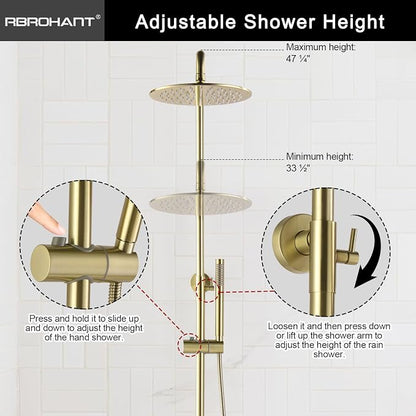 RBROHANT Exposed Shower System with Tub Spout, Brushed Gold Exposed Pipe Shower Faucet with 3 Functions Brass Shower Valve, Shower Height Adjustable, Wall Mounted