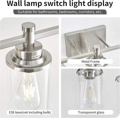 6-Light Bathroom Vanity Light, Brushed Nickel Fixtures Over Mirror, Wall Mount with Clear Glass Shade, Modern Wall Sconce