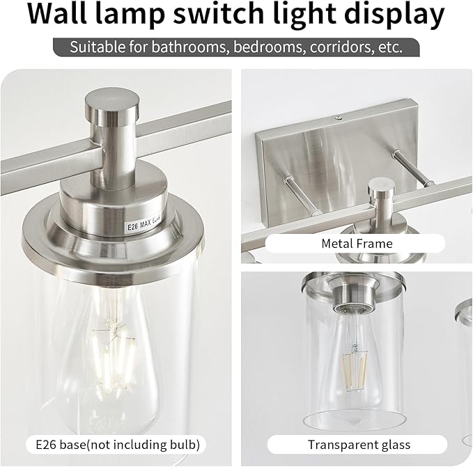 Brushed Nickel Bathroom Lighting Fixtures Over Mirror, 4-Light Bathroom Vanity Light Fixtures, Wall Sconce Lighting Modern Wall Light with Clear Glass Shade, Bathroom Wall Lamp for Hallway