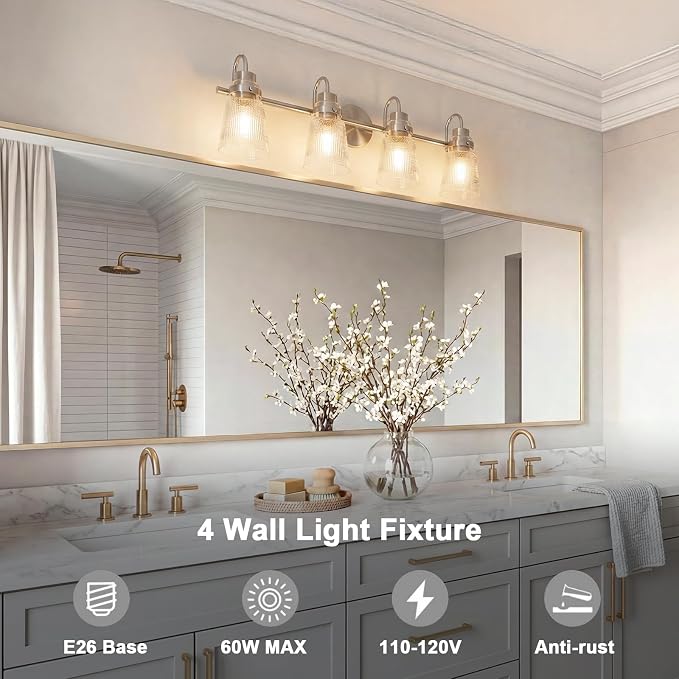 4-Light Bathroom Light Fixtures 25.7 Inch Brushed Nickel Vanity Lights for Bathroom Lighting Fixtures Over Mirror with Clear Striped Glass Shade for Mirror Bedroom Hallway