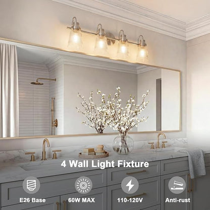 4-Light Bathroom Light Fixtures 25.7 Inch Brushed Nickel Vanity Lights for Bathroom Lighting Fixtures Over Mirror with Clear Striped Glass Shade for Mirror Bedroom Hallway