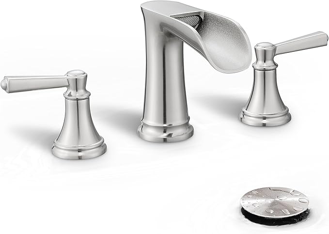 8 Inch Brushed Nickel Bathroom Faucet Widespread, Brass Waterfall Faucet for Bathroom Sink 3 Hole 2 Handle with Pop up Drain & Pre-Installed cUPC Supply Pipe for Restroom, 10 Mins Install