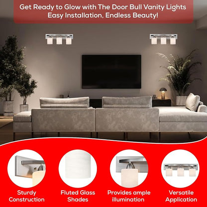 3-Light Bathroom Vanity Bar Light Fixture - Brushed Nickel | Modern Frosted glass shades with E26 socket. Matte Wall sconce lighting perfect over mirror, kitchen, hallway, or entryway