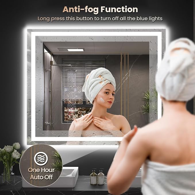 Snowdool 48 x 32 in LED Bathroom Mirror, Front and Backlit, Anti-Fog | Front and Backlit, 3 Color Temperatures, Anti-Fog, Tempered Glass