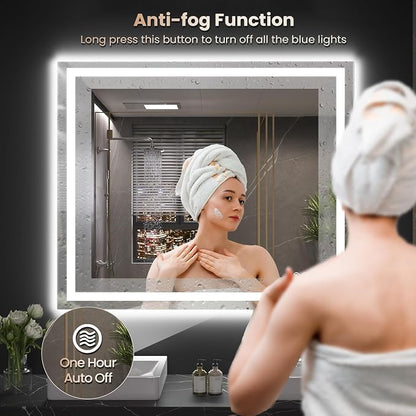 Snowdool 48 x 32 in LED Bathroom Mirror, Front and Backlit, Anti-Fog | Front and Backlit, 3 Color Temperatures, Anti-Fog, Tempered Glass