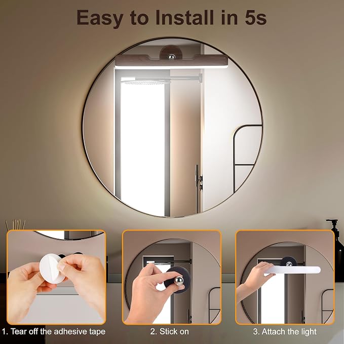 Benreom 2 Pack Rechargeable Vanity Lights for Mirror, Dark Wood | 4000mAh Battery, Touch Dimming, 3 Color Modes and 360° Adjustable Magnetic Design for Makeup Mirrors and Bathrooms
