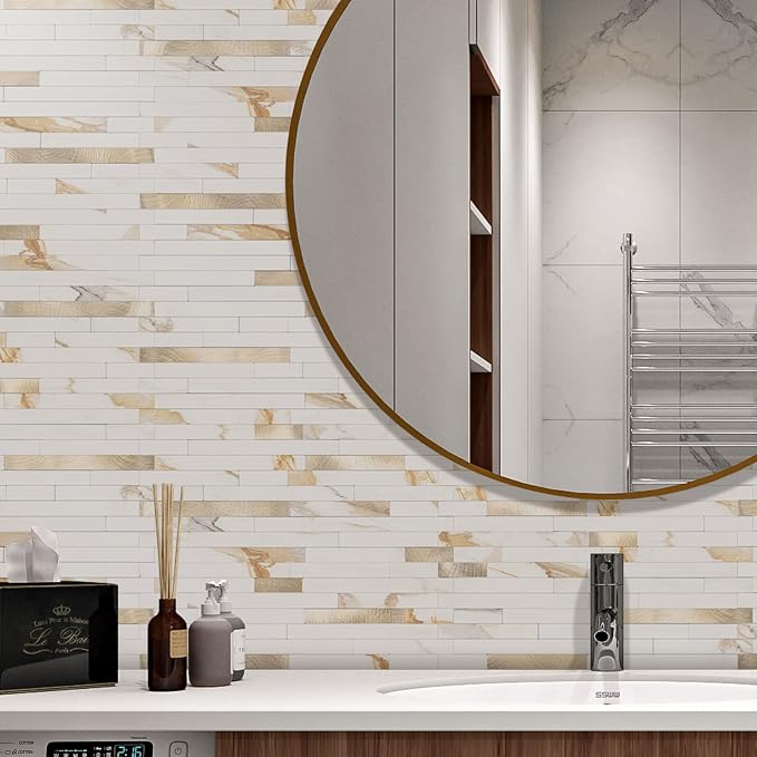 STICKGOO 2 Sheets Peel and Stick Backsplash Tile, Stick on Backsplash for Kitchen and Bathroom, Calacatta Gold Marble Look PVC Mixed Gold Self Adhesive Wall Tiles