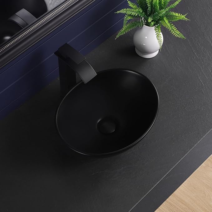 Vessel Sink 16"x13" Oval Bathroom Sink Modern Black Porcelain Ceramic Above Counter Drop-in Vanity Sink for Bathrooms Art Basin
