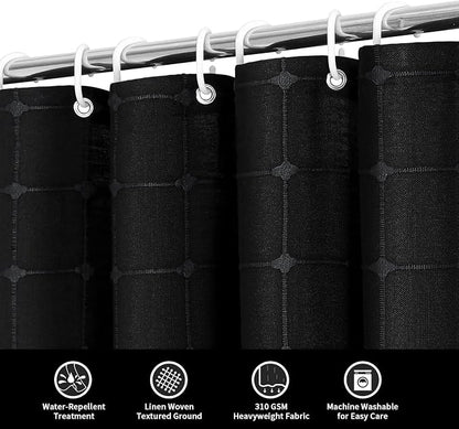 MitoVilla 72 x 84 Black Boho Extra Long Shower Curtain, Modern Farmhouse 84 inch XL Polyester Linen Texture Tassel Fabric Shower Curtain for Cottagecore Country Bathroom Decor