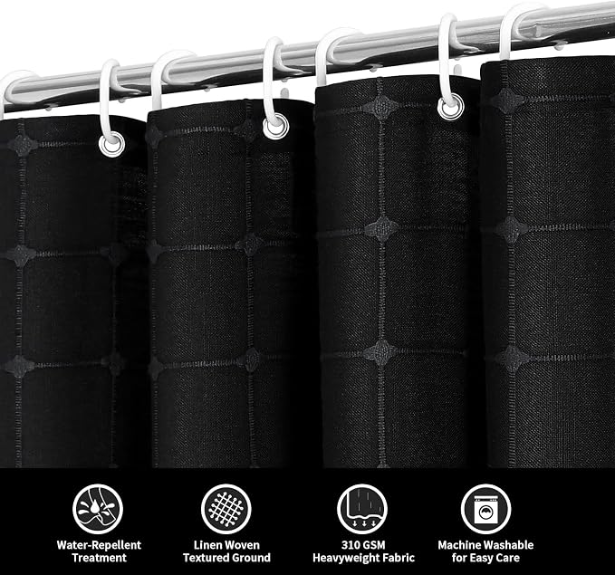 MitoVilla Black Boho Shower Curtains for Modern Bathroom Decor, Farmhouse Polyester Linen Fabric Cloth Shower Curtain with Tassel, 72 x 72