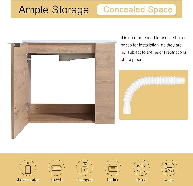 Malwee 22" Floating Bathroom Vanity with Sink, 22 Inch Single Sink Wall Mounted Bathroom Vanity, with 1 Door and White Ceramic Basin Top for Small Space, Plywood Cabinet Storage(002-22IMO)