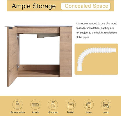 Malwee 22" Floating Bathroom Vanity with Sink, 22 Inch Single Sink Wall Mounted Bathroom Vanity, with 1 Door and White Ceramic Basin Top for Small Space, Plywood Cabinet Storage(002-22IMO)
