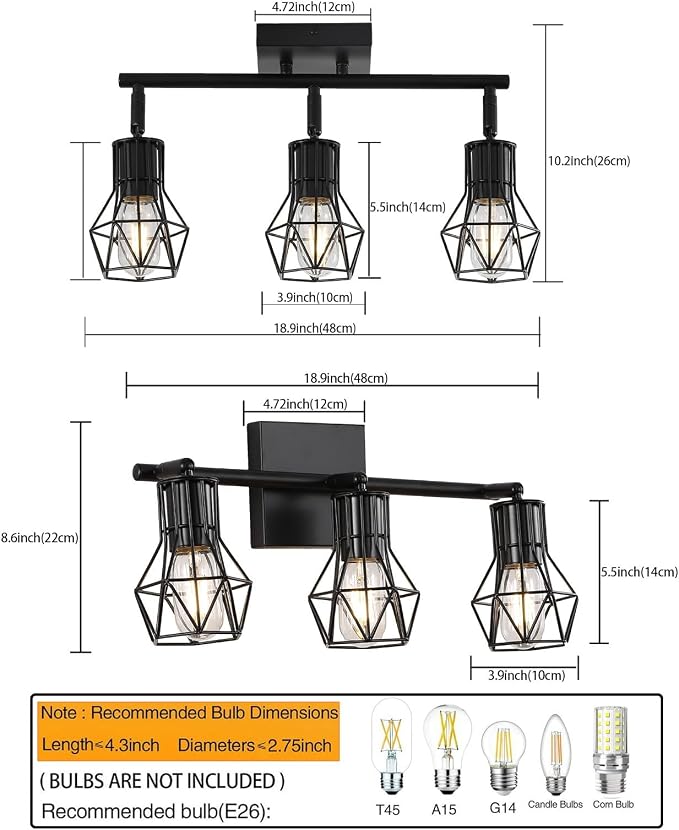 3-Light Black Flush Mount Ceiling Track Light E26 for Kitchen | Industrial black metal, adjustable heads, dimmable E26 base, for kitchen hallway closet bathroom lighting