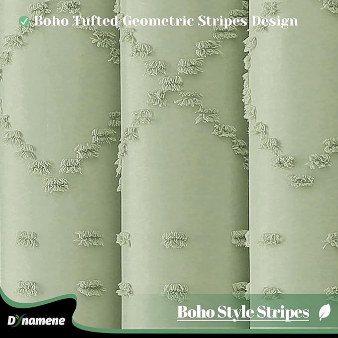 Stall Boho Shower Curtain Tufted Geometric 36"x72" Sage Green | Narrow Half Size, Elegant Tassel, Lightweight Textured Fabric, Water Repellent, Washable, for Small Bathroom/Dorm 6 Hooks
