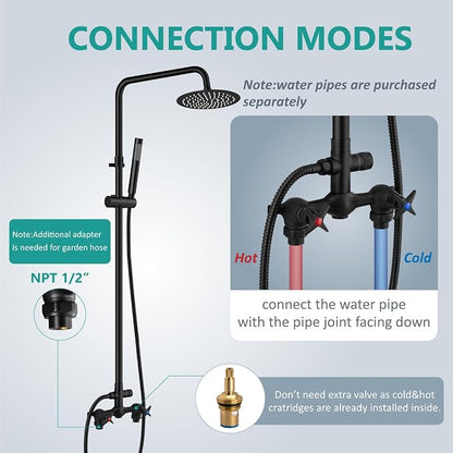 Aolemi Outdoor Shower Kit,8 Inch Rain Head and Handheld,Matte Black | 2-Handle Hot and Cold Control, Adjustable Height, 6-Inch Center Valve, 59-Inch Hose, Winter Drainage Outdoor Shower Fixtures