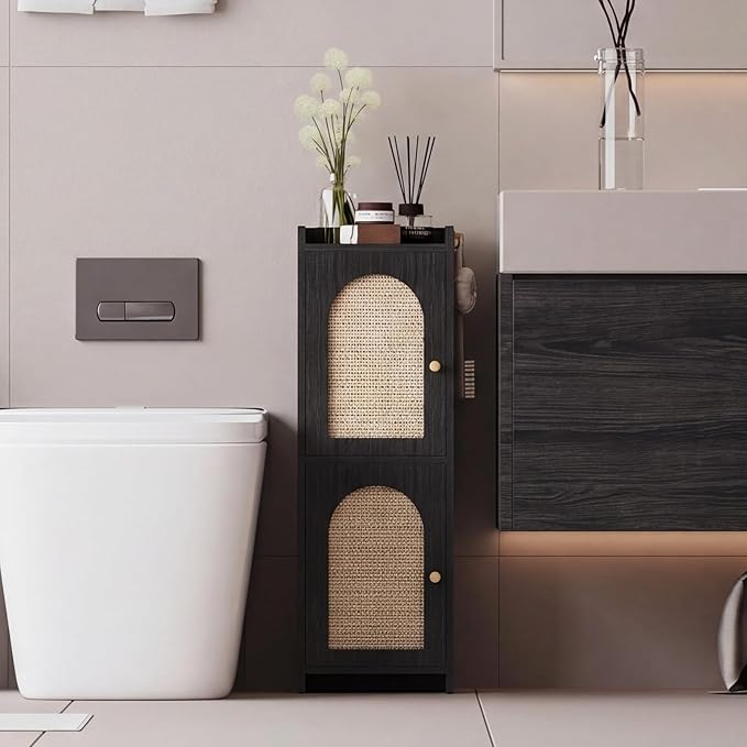 Arbuxzuy Rattan Bathroom Storage Cabinet with 2 Doors and Adjustable Shelf | Black Corner Floor Cabinet, Narrow Toilet Paper Cabinets with 2Hooks,Toilet Organizer for Small Spaces, 7.87"D*9.84"W*29.72"H
