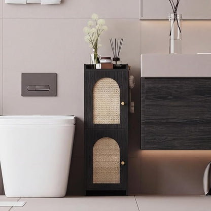 Arbuxzuy Rattan Bathroom Storage Cabinet with 2 Doors and Adjustable Shelf | Black Corner Floor Cabinet, Narrow Toilet Paper Cabinets with 2Hooks,Toilet Organizer for Small Spaces, 7.87"D*9.84"W*29.72"H
