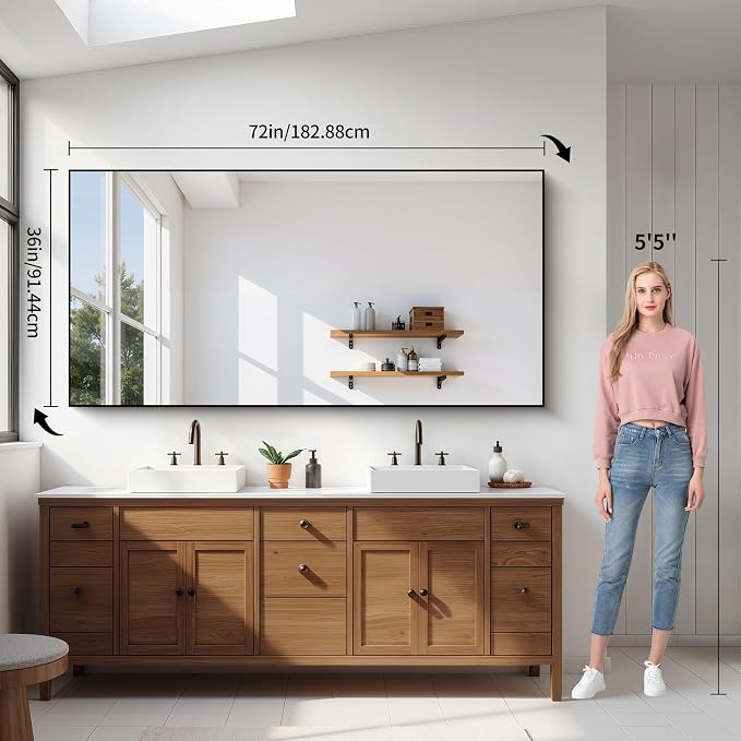 YIROMAN Bathroom Mirror 72"x36", Large Brushed Silver Bathroom Mirror for Over Sink with Aluminum Frame, Rectangular Vanity Mirror with Right Angle, Wall Mirror Hangs Horizontal or Vertical