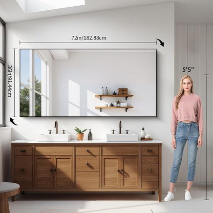 YIROMAN Bathroom Mirror 72"x36", Large Brushed Silver Bathroom Mirror for Over Sink with Aluminum Frame, Rectangular Vanity Mirror with Right Angle, Wall Mirror Hangs Horizontal or Vertical