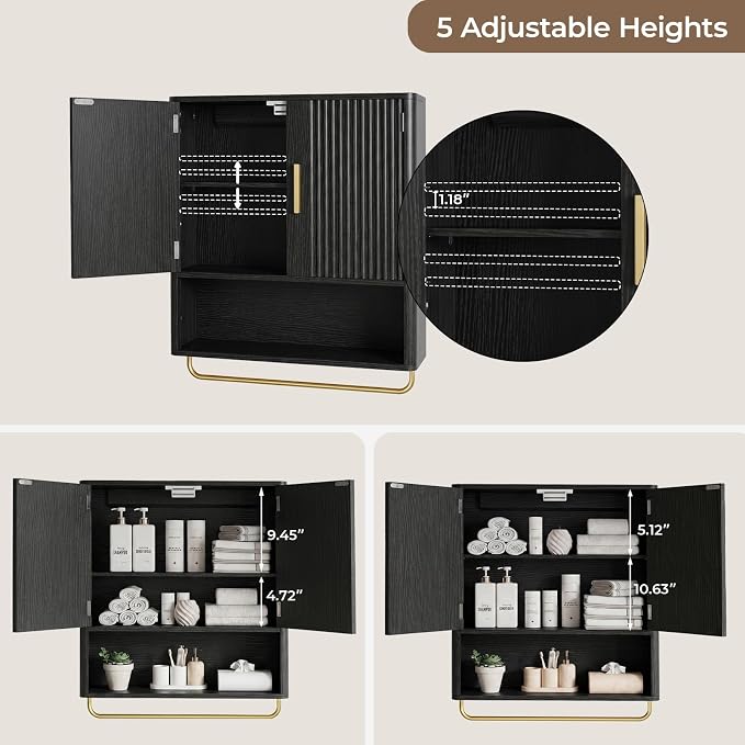 Bathroom Wall Cabinet, Medicine Cabinet with Fluted Door & Adjustable Shelf | Over The Toilet Storage Cabinet with Towel Bar, Space-Saving Cabinet Wall Mount for Laundry Room, Kitchen, Living Room