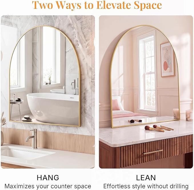Sweetcrispy 30"x40" Arched Bathroom Mirror, Bathroom Mirrors for Over Sink | Modern Wall Mirrors Arch Decorative for Entryway, Bedroom, Vanity,Horizontal or Vertical Hanging, Gold