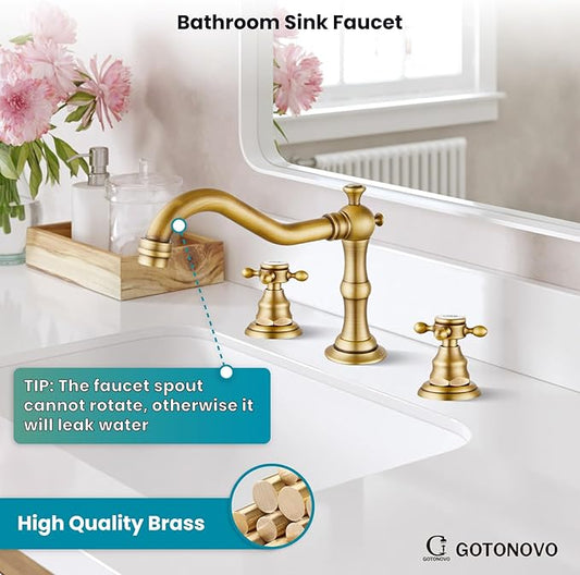 gotonovo Bathroom Faucet 3 Hole 8 Inch Widespread Bathroom Sink Faucet 2 Cross Handles Vintage Lavatory Vanity Mixer Tap with Pop Up Drain, HOT Cold Label, Antique Brass